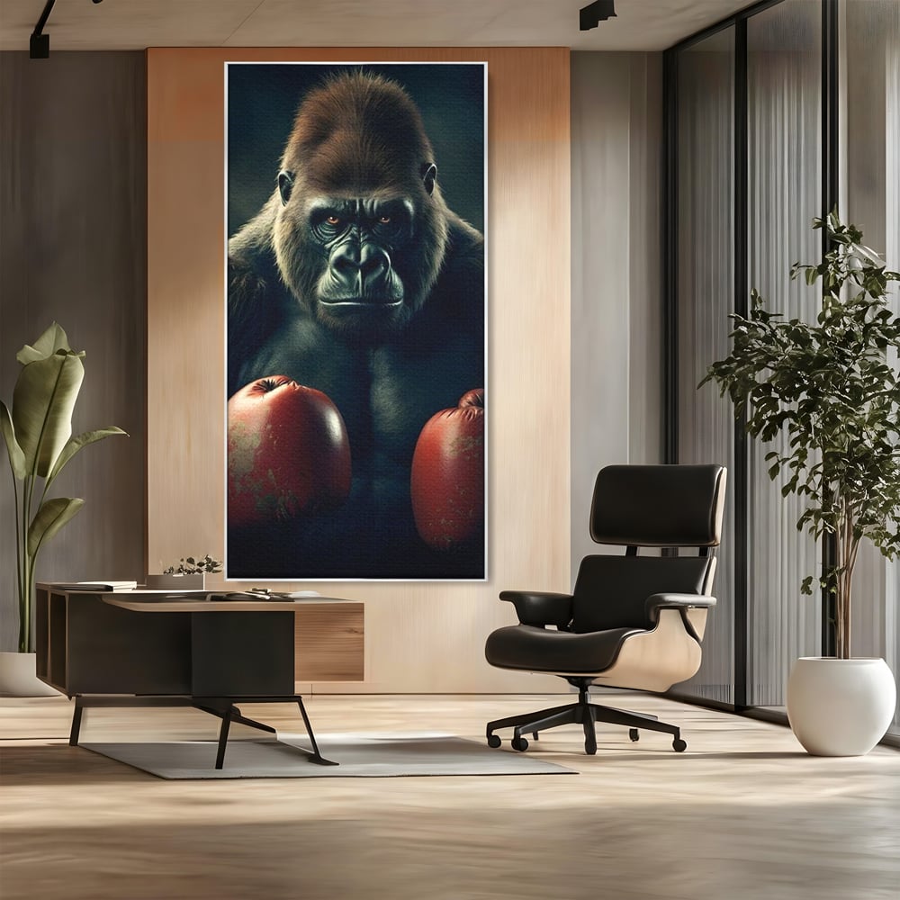 Tablou canvas cu tablou canvas cu gorila boxer, in rama de aluminiu argintiu, pe perete intr-un birou
